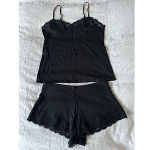 Lauren Ralph Lauren Black Pima Cotton Modal Lace Pajama Set Size Small